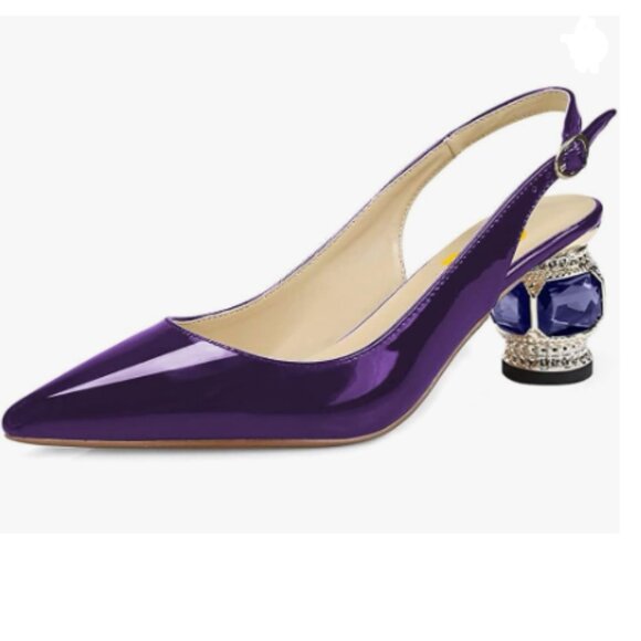 FSJ Purple Pointed Toe Slingback Wedding Pumps Chunky Low Heel Rhinestone Sandal - Picture 1 of 8